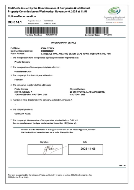 South Africa certificate of incorporation Word and PDF template
